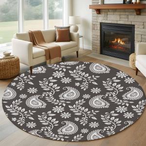 【並行輸入品】 Paisley Round Rug 8 ft Abstract Bohemian Black Flowers Soft Area