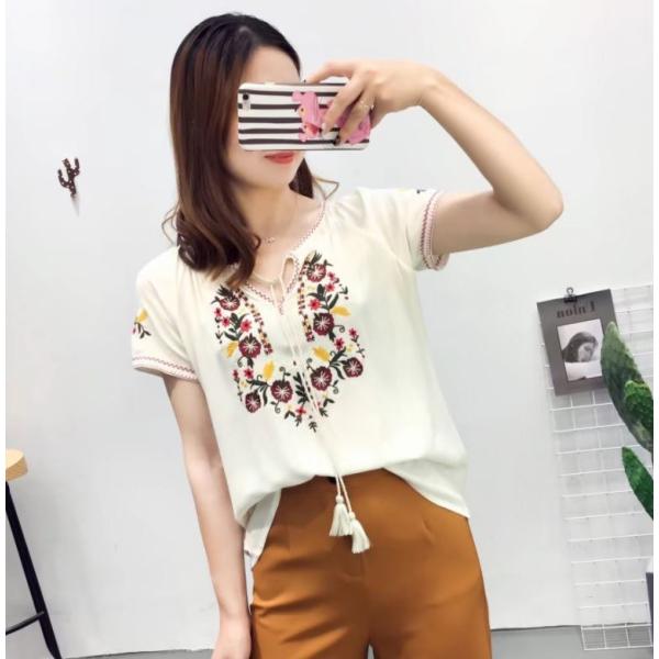 Tシャツ レディース カットソー 半袖  インナー 刺繍 ボヘミアン 紐 エスニック 送料無料 白 ...