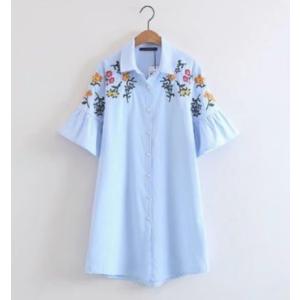 シャツ ワンピース チュニック  レディース シャツワンピ 花柄 刺繍 フリル袖 半袖 春 夏 送料...
