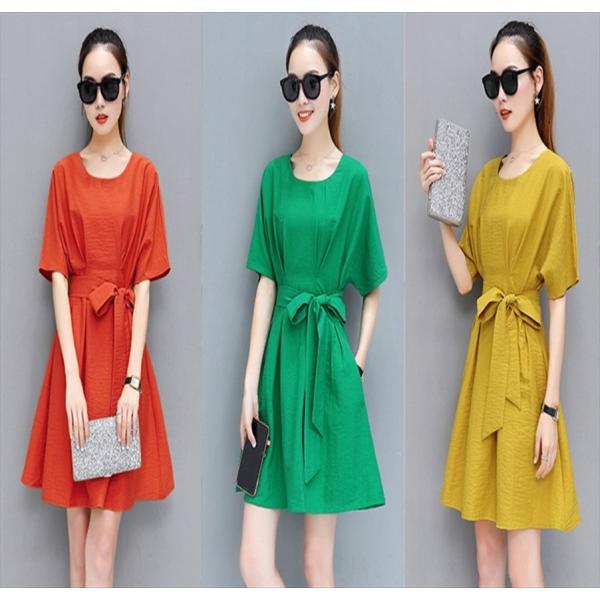 ワンピース レディース 半袖 ミニワンピ 春 夏 ビタミンカラー リボン シンプル かわいい 大人 ...