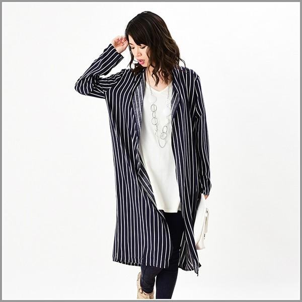 ストライプ ロングカーディガン ガウン 薄手 ロング丈 ブラック ネイビー Ｍ Ｌ