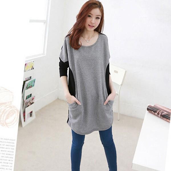 チュニック ニットソー トップス レディース 体型カバー バイカラー 長袖 グレー ブラック シンプ...