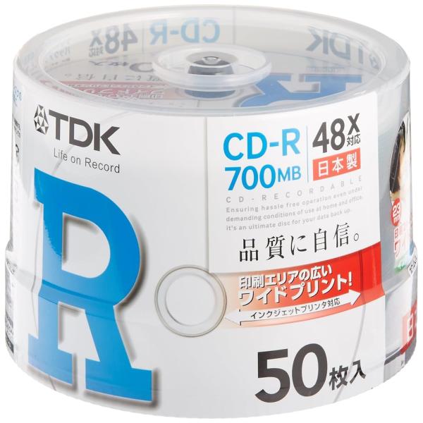 TDK CD-R 700MB 48X ホワイトワイドプリンタブル 50枚 スピンドル CD-R80P...