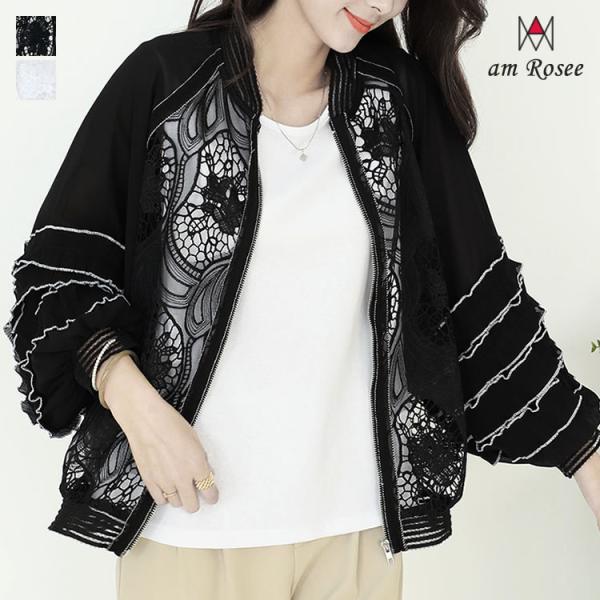 袖シフォン切替レースブルゾン◆レディース ブルゾン レース カーディガン ジャケット アウター 羽織...