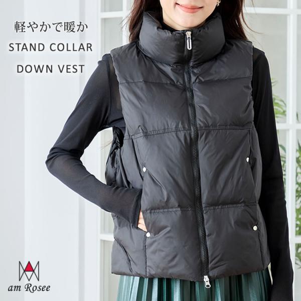 スタンドカラーミドルダウンベスト レディース アウター ベスト スタンドカラー 黒 羽織 ノースリー...