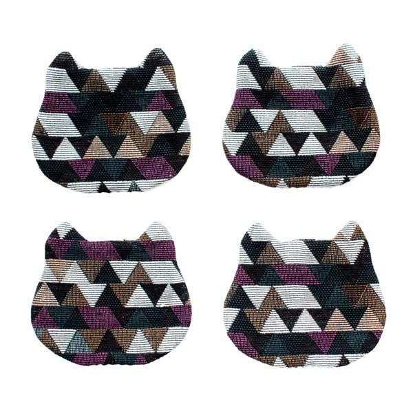 猫 コースター 4個セット モダン ジオメトリック 天然リネン 亜麻 コットン おしゃれ