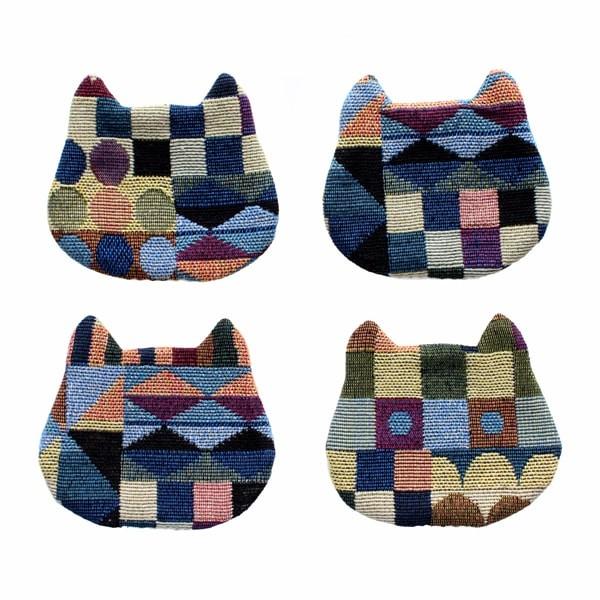 猫 コースター 4個セット カラフルモダン 天然リネン 亜麻 コットン おしゃれ