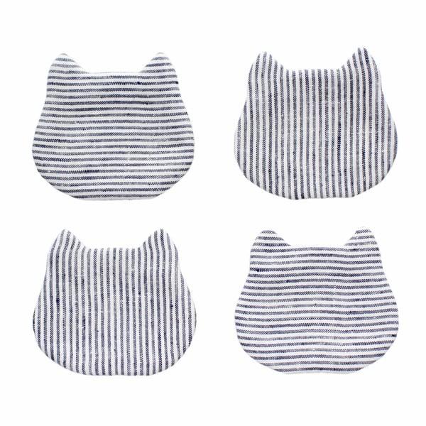 猫 コースター 4個セット ヘアラインストライプ ブルー×ホワイト 天然リネン 亜麻 コットン おし...