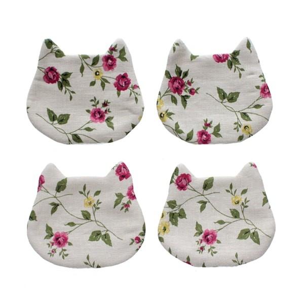 猫 コースター 4個セット ボタニカル・ピンク 天然リネン 亜麻 コットン おしゃれ