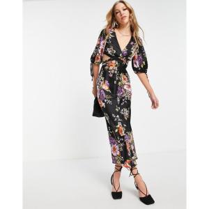 エイソス (ASOS DESIGN) レディース ワンピース Satin Midi Dress With Pleated Waist Detail And Button Front In Floral Print (ブラックフローラル)｜nul-select