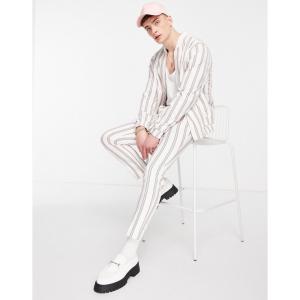 エイソス (ASOS DESIGN) メンズ スラックス ボトムス・パンツ Smart Co-Ord Tapered Trousers With Retro Pink Stripe In White (ホワイト)｜nul-select