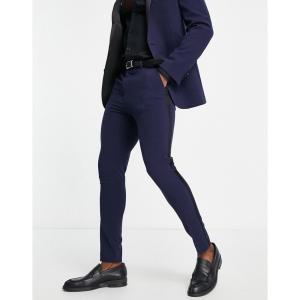 エイソス (ASOS DESIGN) メンズ スラックス ボトムス・パンツ Super Skinny Tuxedo Trousers In Navy With Satin Side Stripe (ネイビー)｜nul-select
