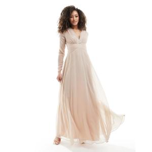 エイソス (ASOS DESIGN) レディース パーティードレス Bridesmaid Ruched Waist Maxi Dress With Long Sleeves And Pleat Skirt In Light Pink ()｜nul-select