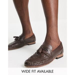 エイソス (ASOS DESIGN) メンズ ローファー シューズ・靴 Loafers In Woven Brown Leather With Tassel Detail (ブラウン)｜nul-select