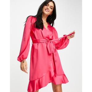 ニュールック (New Look) レディース ワンピース ワンピース・ドレス Satin Wrap Dress With Ruffles In Bright Pink (ブライトピンク)｜nul-select