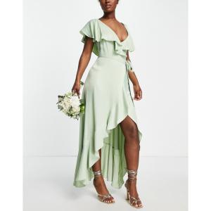 トップショップ (Topshop) レディース パーティードレス ワンピース・ドレス Bridesmaid Satin Frill Wrap Dress In Sage (セージ)｜nul-select