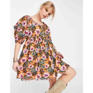 トップショップ (Topshop) レディース ワンピース ワンピース・ドレス Linen Floral Scallop Trim Mini Dress In Multi (マルチカラー)｜nul-select