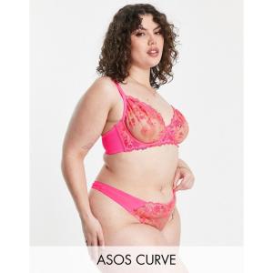 エイソス (ASOS Curve) レディース ショーツのみ インナー・下着 Curve Premium Shimmer Embroidered Thong In Hot Pink (ピンク)｜nul-select