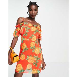 トップショップ (Topshop) レディース ワンピース ワンピース・ドレス Frill Bardot Tie Shoulder Floral Mini Dress In Orange (オレンジ)｜nul-select
