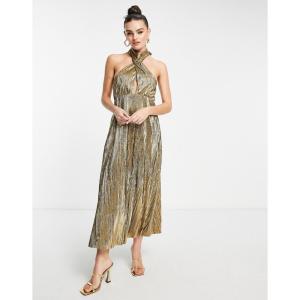 トップショップ (Topshop) レディース ワンピース ワンピース・ドレス Gold Plisse Cut Out Halter Midi Dress (ゴールド)｜nul-select