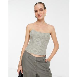 トップショップ (Topshop) レディース ベアトップ・チューブトップ・クロップド トップス Check Corset Top In Neutral (ホワイト)｜nul-select