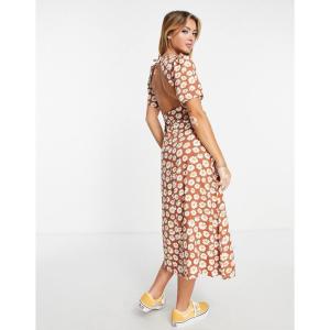 モンキ (Monki) レディース ワンピース ワンピース・ドレス Midi Tea Dress In Brown Retro Floral Print (ブラウン)｜nul-select