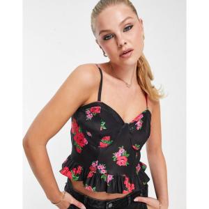 ニュールック (New Look) レディース ベアトップ・チューブトップ・クロップド トップス Floral Corset Detail Crop Top In Black (ブラック)｜nul-select