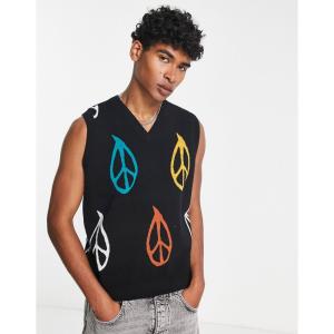 オベイ (Obey) メンズ タンクトップ トップス Peaced Knitted Vest In Black With Multicolour Peace Signs (ブラック)｜nul-select