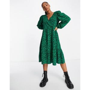 モンキ (Monki) レディース ワンピース ワンピース・ドレス Wrap Midi Dress In Green Leopard Print (グリーン)｜nul-select