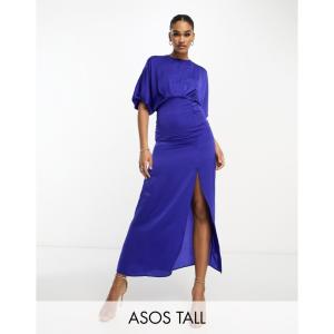 エイソス (ASOS Tall) レディース ワンピース ワンピース・ドレス Tall Satin Batwing Midi Dress With Button Side Detail In Cobalt (コバルトブルー)｜nul-select