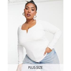 ニュールック (New Look Plus) レディース トップス New Look Curve Notch Neck Long Sleeve Top In White (ホワイト)｜nul-select