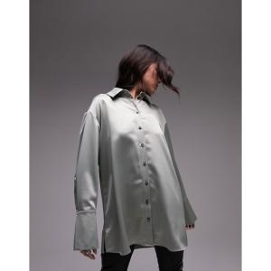 トップショップ (Topshop) レディース ブラウス・シャツ トップス Long Sleeve Satin Shirt In Light Khaki (ライトカーキ)｜nul-select