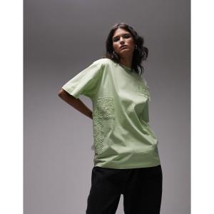 トップショップ (Topshop) レディース Tシャツ トップス Crochet Layered Patched Oversized Tee In Lime (ライム)｜nul-select