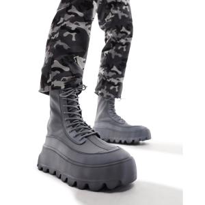 エイソス (ASOS DESIGN) メンズ ブーツ シューズ・靴 Chunky Lace Up Sock Boots In Distressed Grey Neoprene (チャコール)｜nul-select
