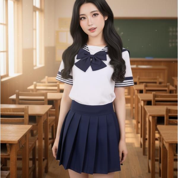 コスプレ 衣装 半袖 セーラー服 女子高生 コスチューム ネイビー 紺 リボン プリーツスカート M...