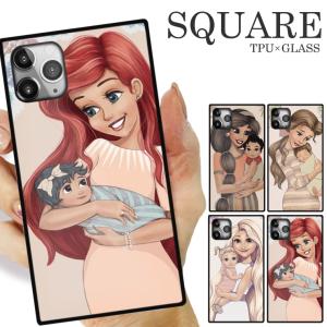 ガラスケース TPU 強化ガラス SQUARE iPhone16 アイフォン15 Pro プリンセス 赤ちゃん 母 子育て 家族 子供 シンデレラ アリエル ジャスミン