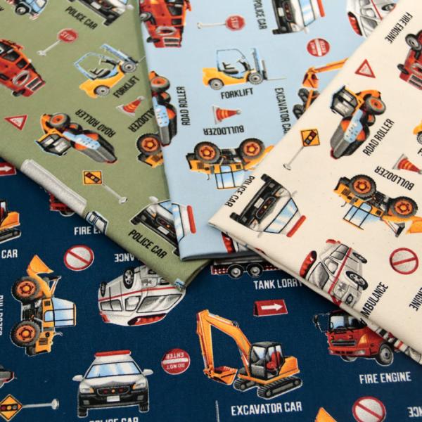 生地 布地 布 無料レシピ有 Sevice Car 働く車 オックス生地  消防車 ブルトーザー ロ...