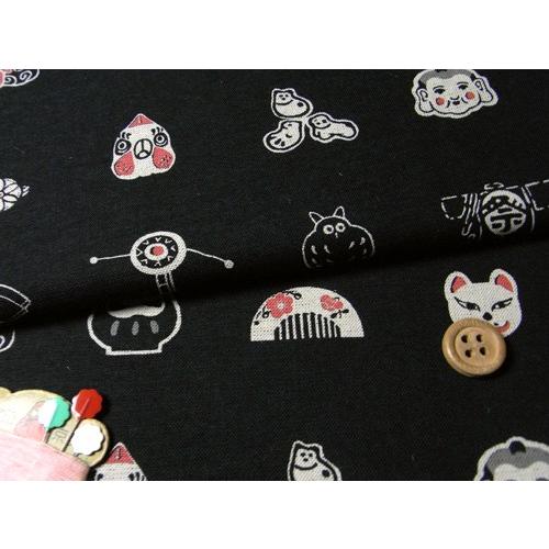 和柄コットン生地・匠 日本の伝統玩具(黒) 10cm単位 切り売り