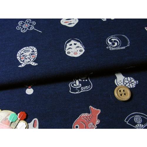 和柄コットン生地・匠 日本の伝統玩具(紺) 10cm単位 切り売り