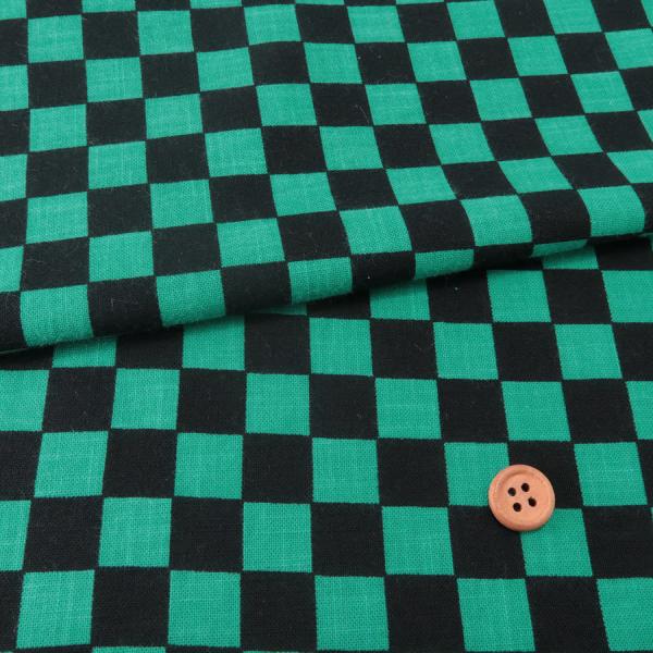 ムラ糸モーリークロス 手捺染 市松柄2cm角(黒/緑) 10cm単位 切り売り