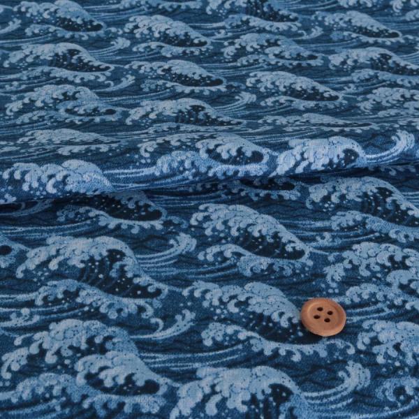 和柄コットン生地 デニム風荒波文様(藍色) 10cm単位 切り売り