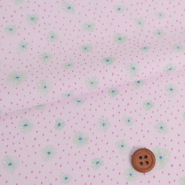 コットン生地 手描き風のお花とドット(グリーンの花) 10cm単位 切り売り