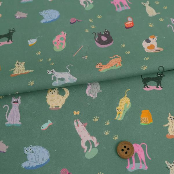 コットン生地 からふる猫の自由な日々(グリーン) 10cm単位 切り売り