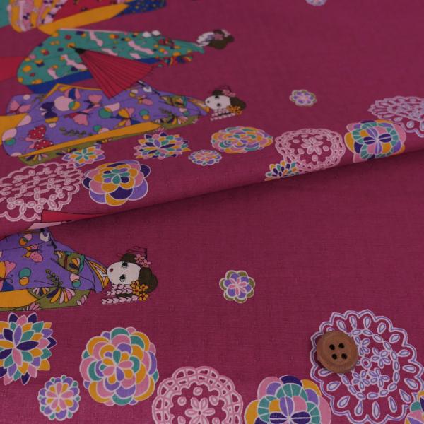和風コットン生地・舞妓さんのおでかけ(赤紫) 10cm単位 切り売り