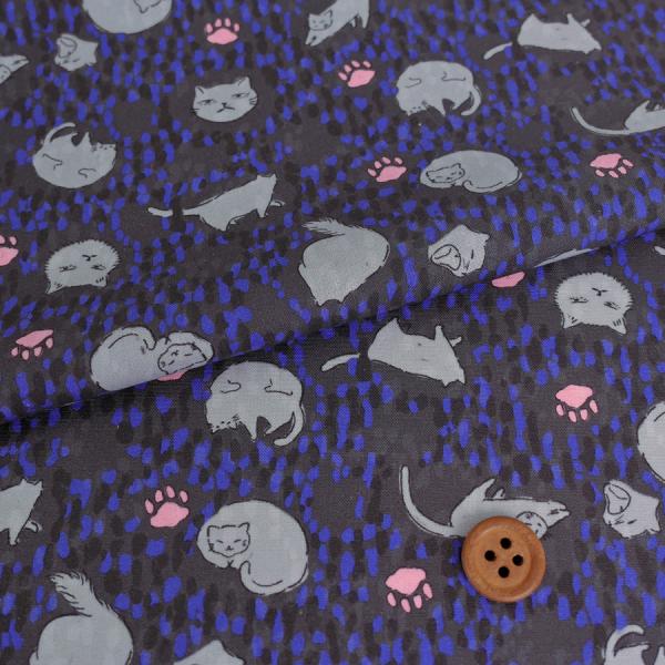 コットン生地 点描に猫の日常(グレー/ブルー) 10cm単位 切り売り