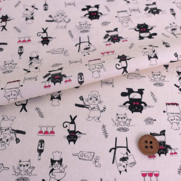 在庫限り/コットン生地 ねこのレストラン(アイボリー) 10cm単位 切り売り
