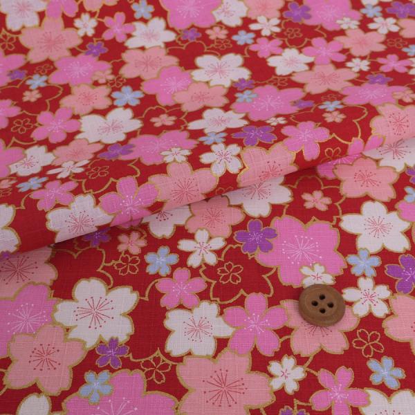 和柄コットン生地 金の縁取り桜もよう(赤) 10cm単位 切り売り