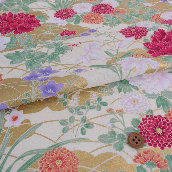 和柄コットン生地 琳派風の四季花(紅色) 10cm単位 切り売り