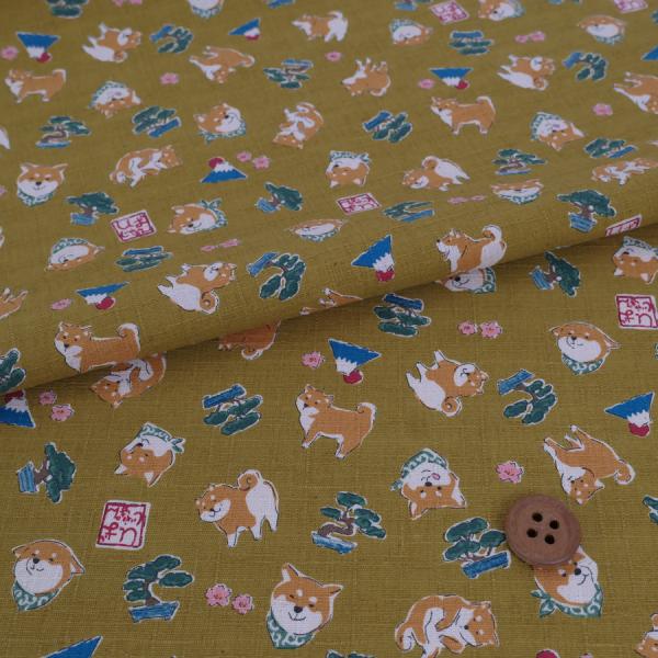 和柄コットン生地 柴犬びより(おうど色) 10cm単位 切り売り