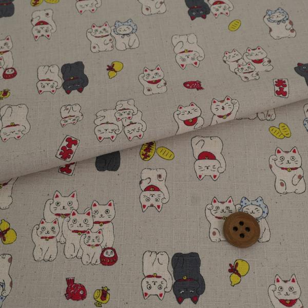 和柄コットン生地 招き猫ファミリー(グレージュ) 10cm単位 切り売り